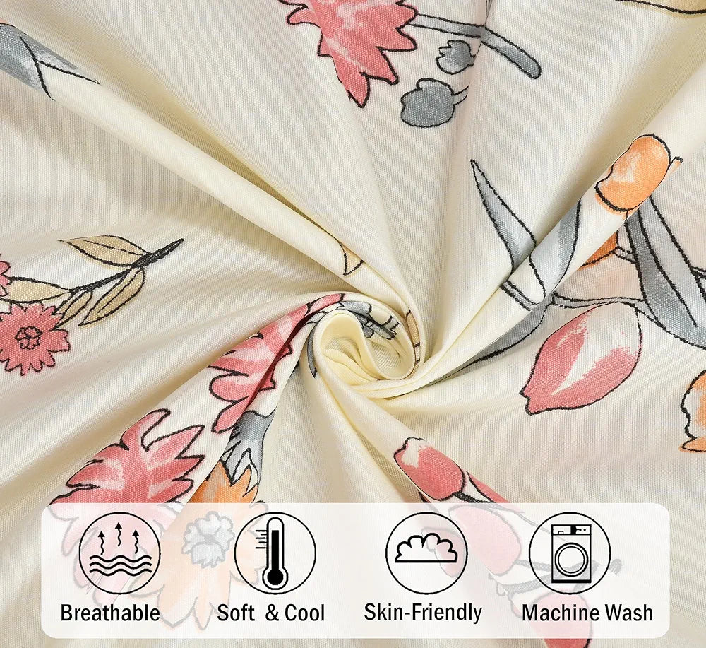 FRESH FROM LOOM Hypoallergenic Floral Print 240 TC Microfiber King Size Fitted Bedsheet Set with 2 Pillow Covers  | Pastel-Cream)