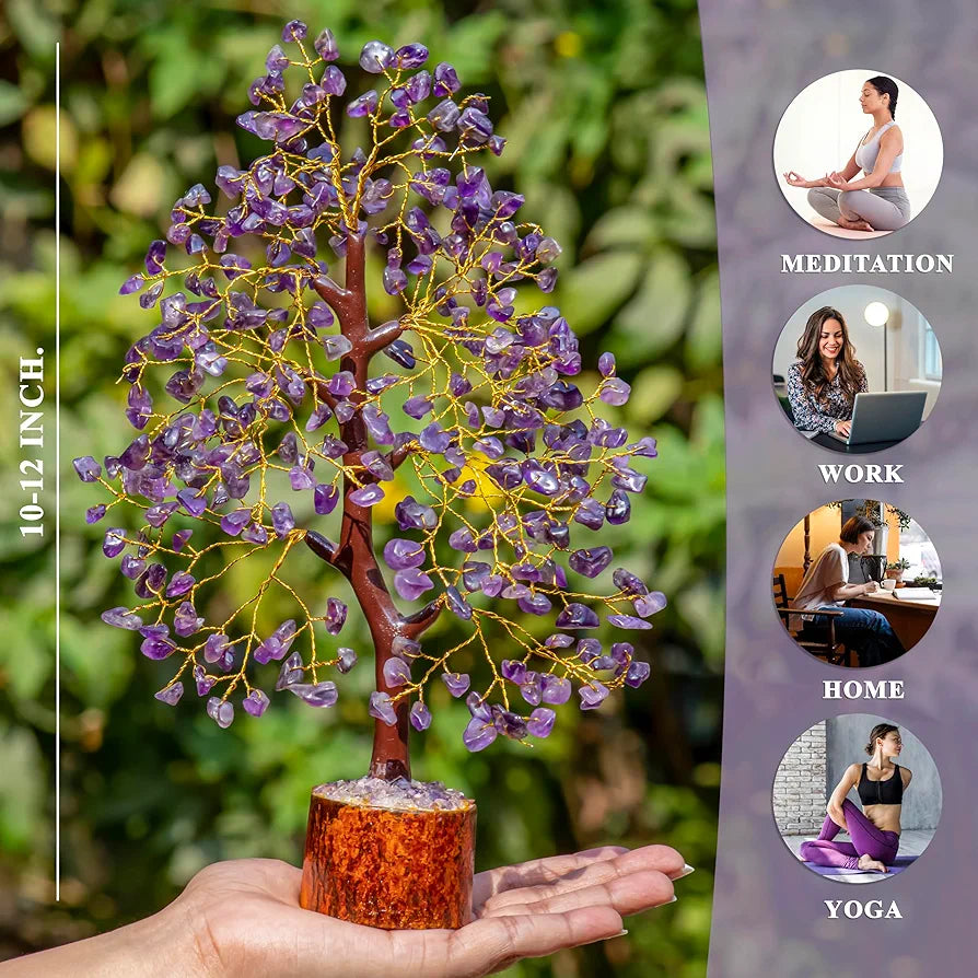 HindCraft Amethyst Chakra Crystal Tree Good Luck Showpiece for Home Decor Items Crystals Gemstones Bonsai Money Tree for Good Luck, Decoration Gift Item, Golden Wire, 10-12 inch