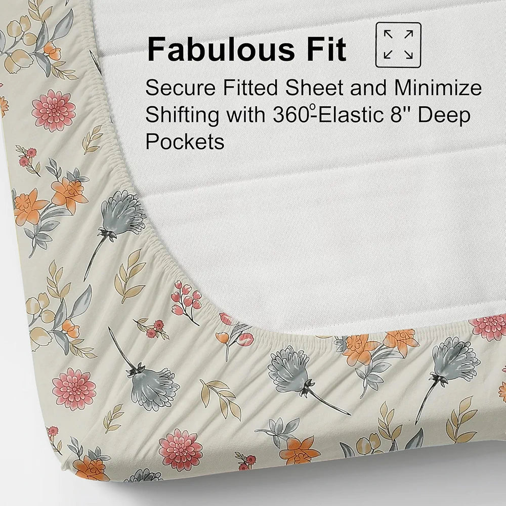 FRESH FROM LOOM Hypoallergenic Floral Print 240 TC Microfiber King Size Fitted Bedsheet Set with 2 Pillow Covers  | Pastel-Cream)