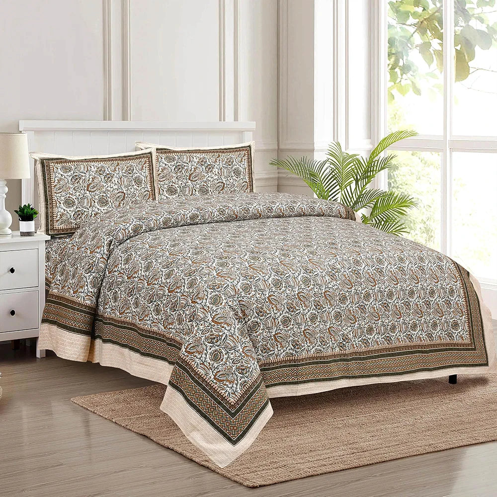 Kuber Industries Double Bedsheet with 2 Pillow Covers | 160 TC Premium Cotton Bedsheet for Double Bed | Bedsheet for Living Room-Home & Hotels | Dezier Bell Print | 90x108 Inch | Beige