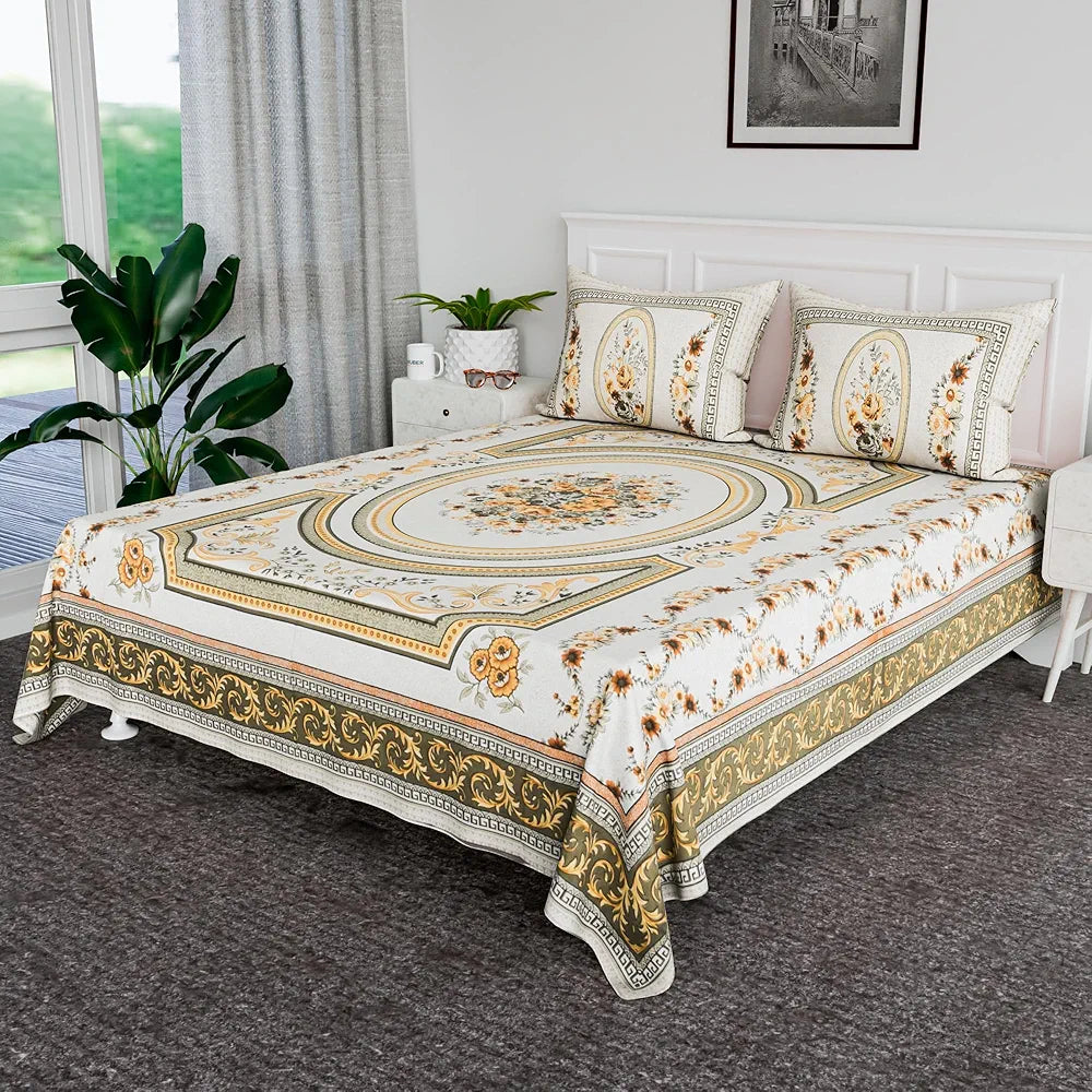 Kuber Industries 100x108 Inch Cotton Bedsheets for Double Bed with 2 Pillow Covers | Easy to Wash & Maintain Double Bedsheet Cotton Fabric for Daily Use | Kaleen Flower -Yellow