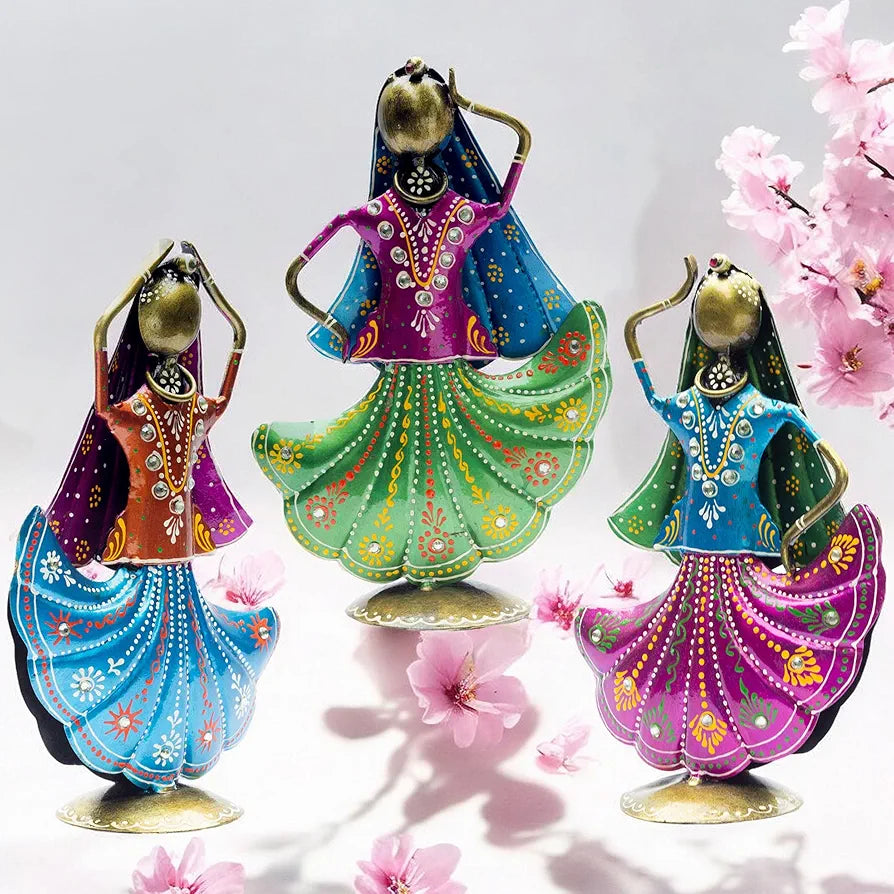 KRAFTSKALA Set of 3 Metal Figurine Dancers Home Decor Item for Living Room, Bedroom, Wedding Festive Housewarming Gift Showpiece Rajasthani Dancing Dolls