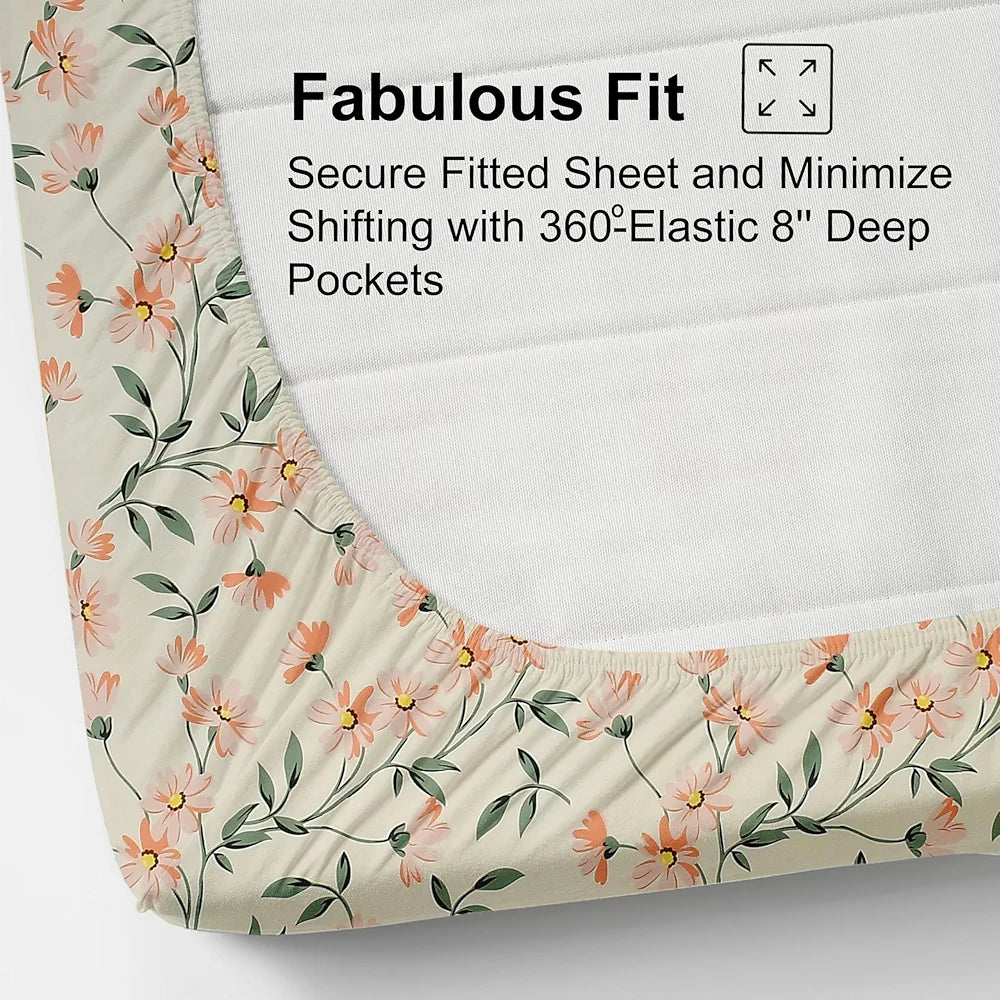 FRESH FROM LOOM King Size Microfiber Floral Print Fitted Bedsheet - 240 TC, Hypoallergenic, Includes 2 Pillow Covers  | Barely-Peach)