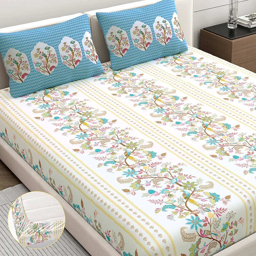 Dreamscape 100% Cotton King Fitted Bedsheet with 2 Pillow Covers - 