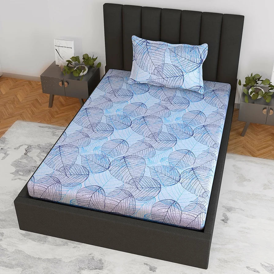 Divine Casa 144 TC Cotton Fitted Bedsheet for Single Bed | 100% Cotton – Floral Blue | Soft & Breathable | Everyday Use | Size 198 x 90 cm | with 1 Pillow Cover