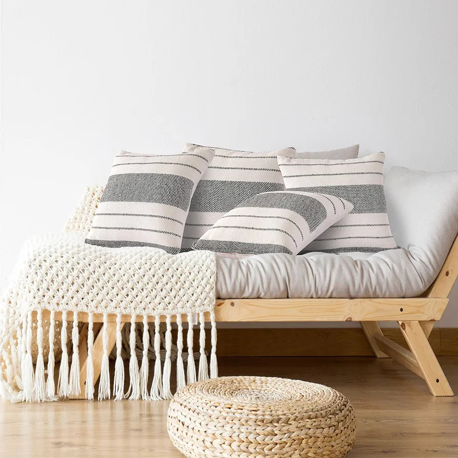 SASHAA WORLD Exquisite Black Striped Elegance | Decorative Woven Cushion Cover | Cushion Cover for Living Room/Bed/Sofa/Chair | 40X40 Cm