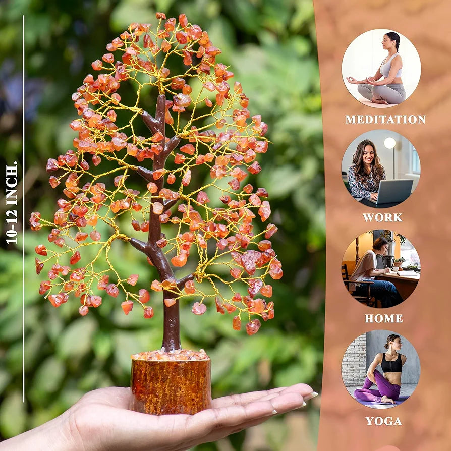 HindCraft Carnelian Chakra Crystal Tree Good Luck Showpiece for Home Decor Items Crystals Gemstones Bonsai Money Tree for Good Luck, Decoration Gift Item, Golden Wire, 10-12 inch