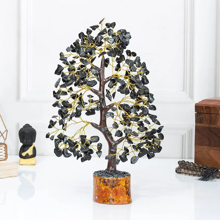 Hindcraft Black Tourmaline Crystal Tree Good Luck Showpiece for Home Decor Items Crystals Gemstones Bonsai Money Tree for Good Luck, Decoration Gift Item, Golden Wire, 10-12 inch