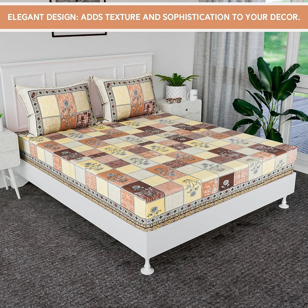 Kuber Industries 100x108 Inch Cotton Bedsheets for Double Bed with 2 Pillow Covers | Easy to Wash & Maintain Double Bedsheet Cotton Fabric - for Daily Use | Candy Flower -Brown & Yellow