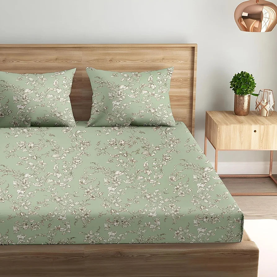 Trance Home Linen 100% Percale Cotton 210 TC Bedsheet | Queen Size Printed Fitted Bedspread with 2 Pillow Covers 