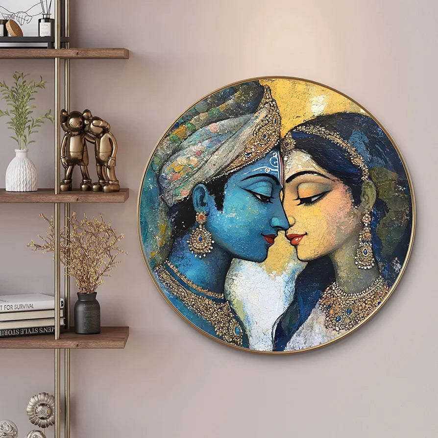 Livin'luxe paintings Krishna and Radha Abstract Wall Painting with Frame - Sparkle Glossy Round Golden Framed Large Painting for Office, Living Room, Bedroom, Home Wall Decoration