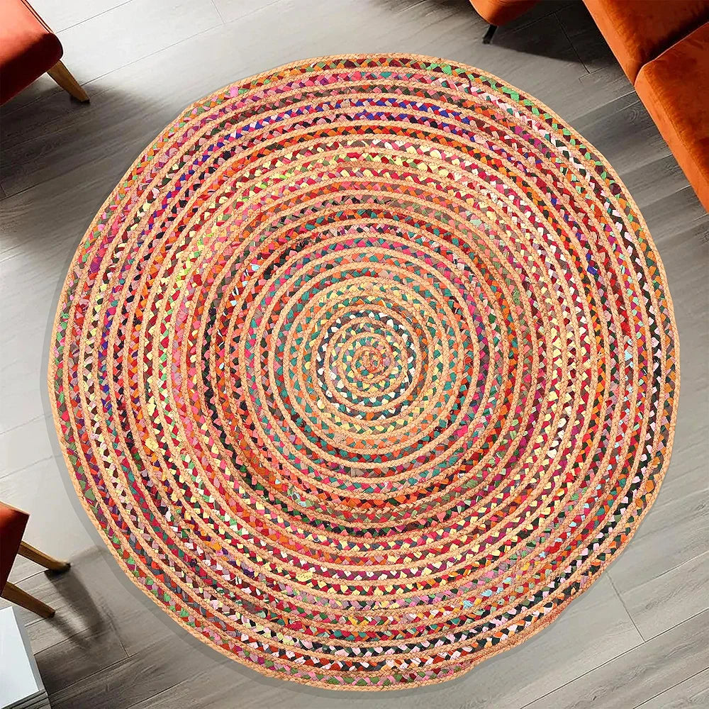 Kuber Industries 4x4 Feet Satranji Doubling Round Jute Rug & Carpet for Home & Bedroom | Aesthetic Floor Rugs for Living Room | Lines - Pink