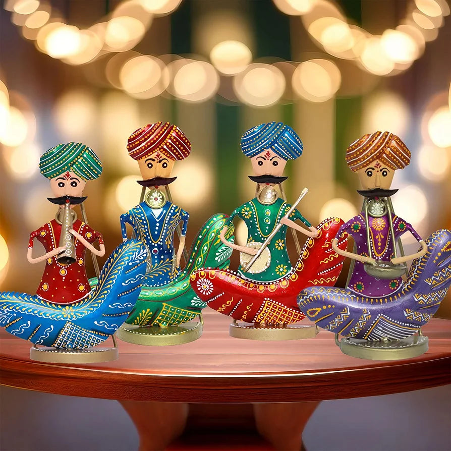 KRAFTSKALA Rajasthani Moustache Musicians - Hand-Painted Decorative Showpiece Set of 4 Musical Statues - Vibrant Tabletop & Wall-Mountable Figurines