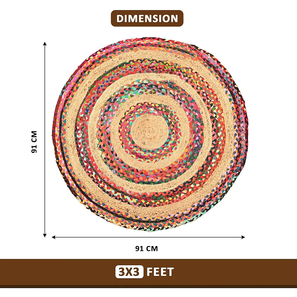 Kuber Industries 3x3 Feet Satranji Round Jute Rug & Carpet for Home & Bedroom | Aesthetic Non-Slip Floor Rugs for Living Room | Stripes - Pink