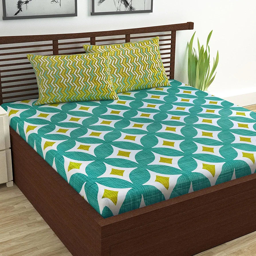Divine Casa Double Size Bedsheet for Double Bed, 144 TC Pure Cotton Queen Size with 2 Pillow Covers | 222 by 254 cm | Geometric | Emerald Olive