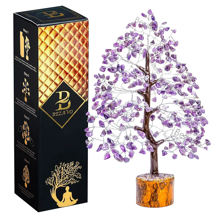 BEZAVO Amethyst Gemstone Crystal Tree – Good Luck Showpiece for Home Decor | Bonsai Money Tree for Prosperity & Decoration | Crystal & Gemstone Gift Item – 10-12 Inch 