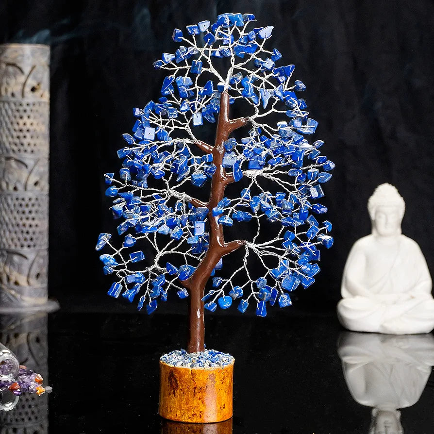 Hindcraft Lapis Lazuli Crystal Tree Home Decor Showpieces for Good Luck Money Crystal Tree Gift Items Office Bedroom Decor Wedding Gift, Silver Wire, 10-12 inch