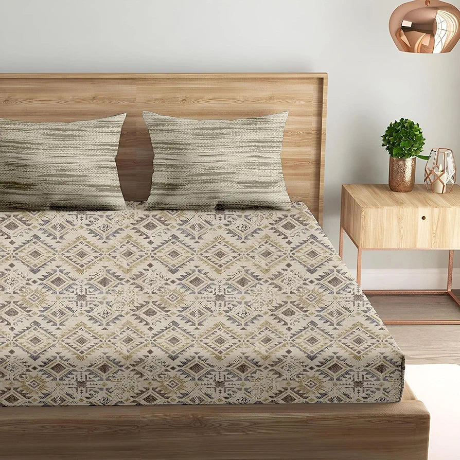 Trance Home Linen 100% Cotton 180 TC Bedsheet | Printed Fitted Bedspread with 2 Pillow Covers 