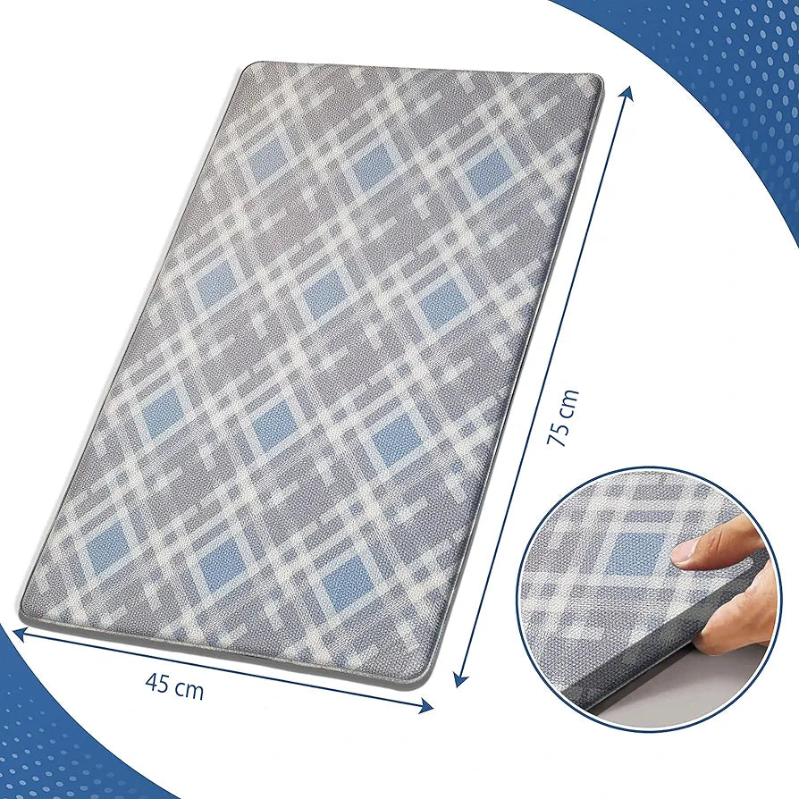 Luxe Home Columbo Anti-Fatigue Kitchen Mat - 45x75 cm Non-Slip Cushioned Comfort Mat - Blue Plaid Pattern Standing Desk Mat - Waterproof and Easy to Clean for Home and Office
