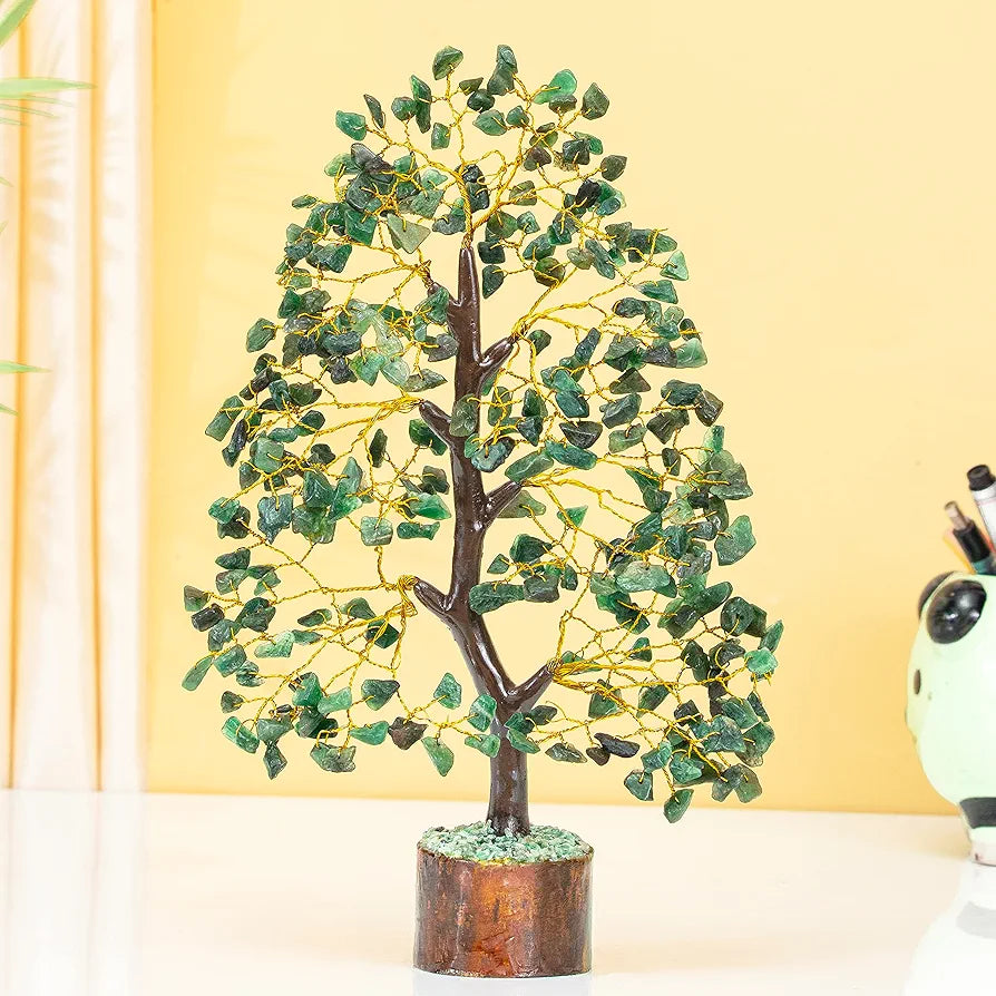 HindCraft Green Aventurine Crystal Tree Good Luck Showpiece for Home Decor Items Crystals Gemstones Bonsai Money Tree for Good Luck, Decoration Gift Item, Golden Wire, 10-12 inch