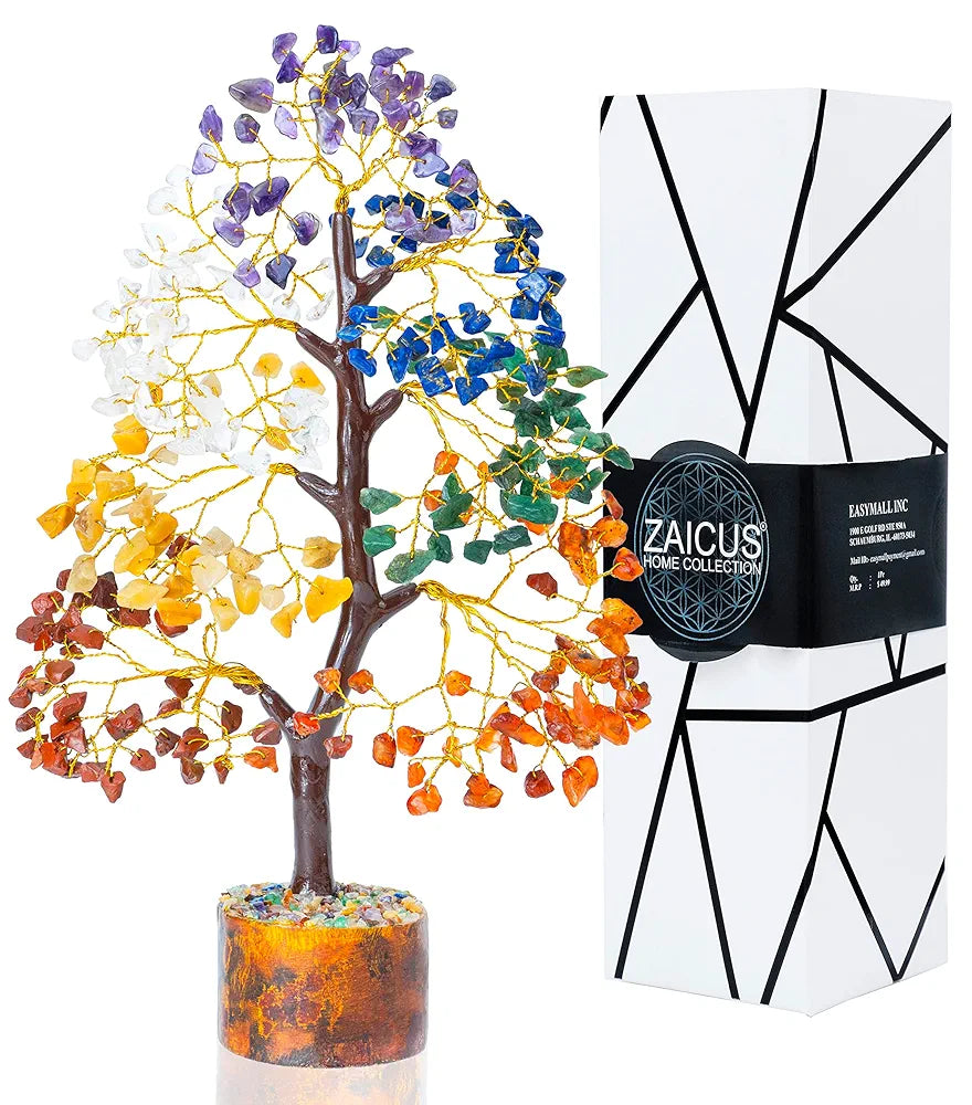 ZAICUS Seven Chakra Crystal Tree of Life Stone Fortune Feng Shui Bonsai for Good Luck, Wealth & Prosperity Home Decorations Golden Wire 10-12 Inch