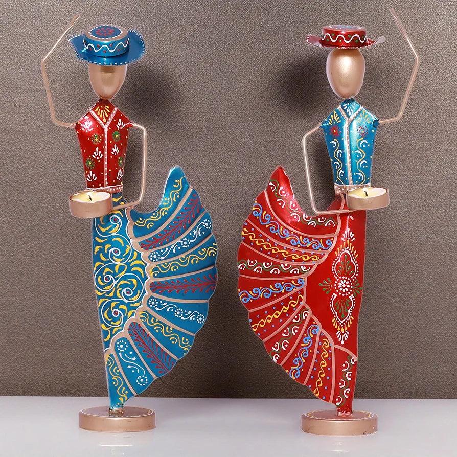 Kraftskala Colorful Dancers Iron Showpiece with Tealight Candle Holder - Decorative Figurine for Home, Celebratory Gift for Anniversary, Festivals & Weddings 