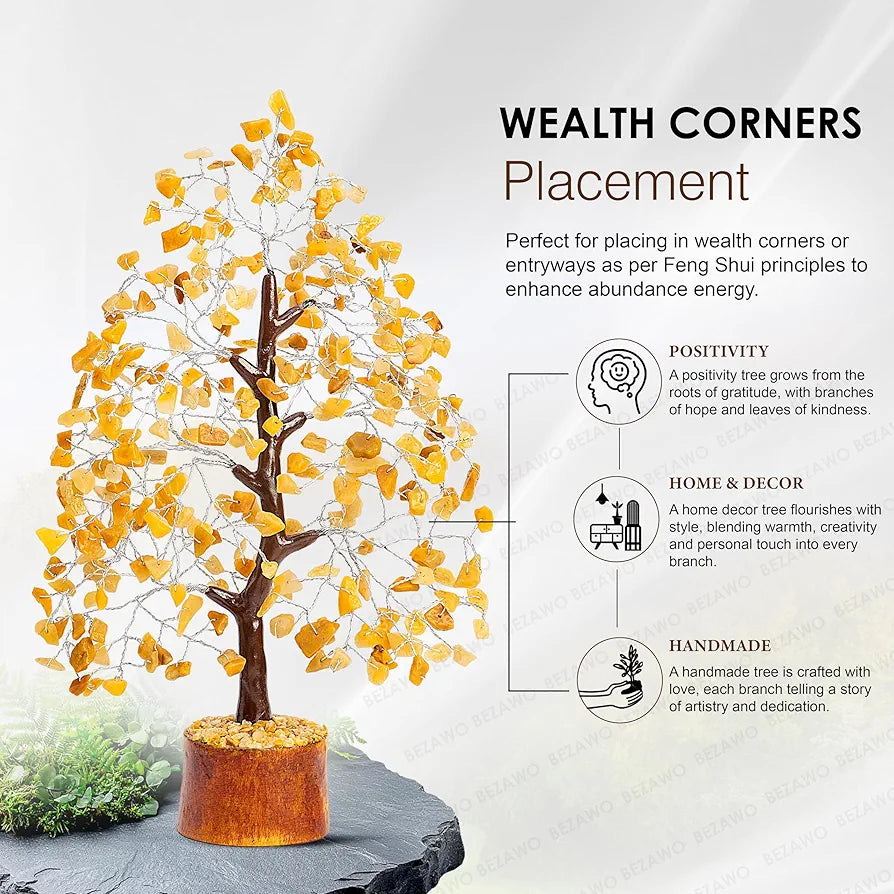 BEZAVO Yellow Aventurine Crystal Tree – Artificial Tree for Home & Office Decor | Good Luck Tree for Living Room & Hall | Ideal Gift for Men & Women – Anniversary & Birthday 