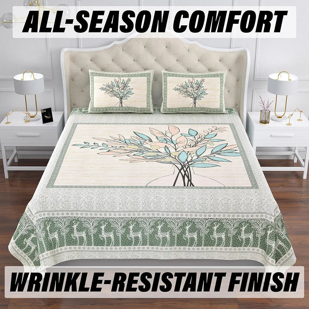 Kuber Industries Double Bedsheet with 2 Pillow Covers | 160 TC Premium Cotton Bedsheet for Double Bed | Bedsheet for Living Room-Home & Hotels | Photo Frame Tree | 100x108 Inch | Green