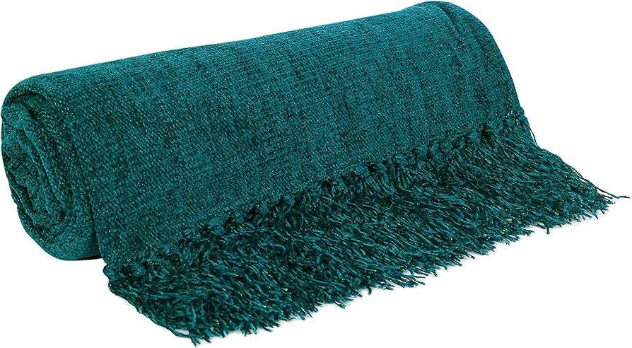 Cazimo Soft Chenille Premium Throw Blanket with Tassel Fringe, Fade Resistant, All Seasons,Ultra-Soft for Decorative Sofa & Bed Cover, Chair & Travel, 60x50 Inches, Pack of 1, Teal Green