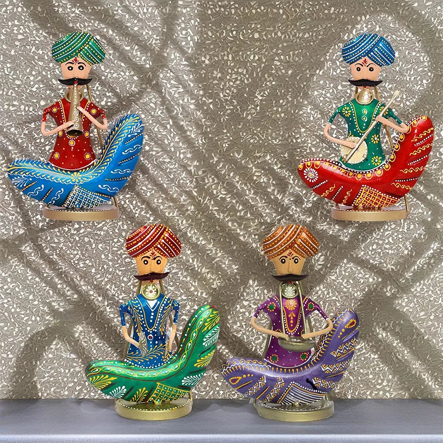 KRAFTSKALA Rajasthani Moustache Musicians - Hand-Painted Decorative Showpiece Set of 4 Musical Statues - Vibrant Tabletop & Wall-Mountable Figurines
