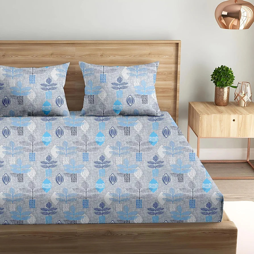 Trance Home Linen 144 TC Pure 100% Cotton Printed Queen Fitted Bedsheet with 2 Pillow Covers 