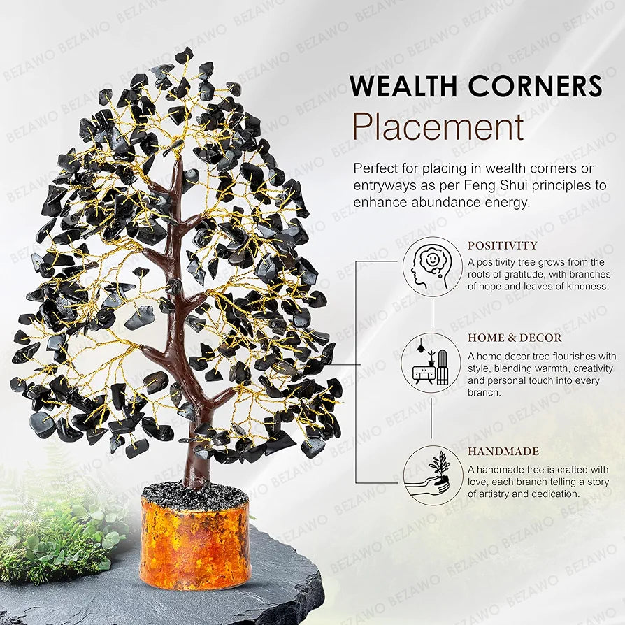 BEZAVO Black Tourmaline Crystal Tree for Healing & Prosperity | Artificial Feng Shui Money Tree for Positive Energy | Ideal Gift for Birthdays 