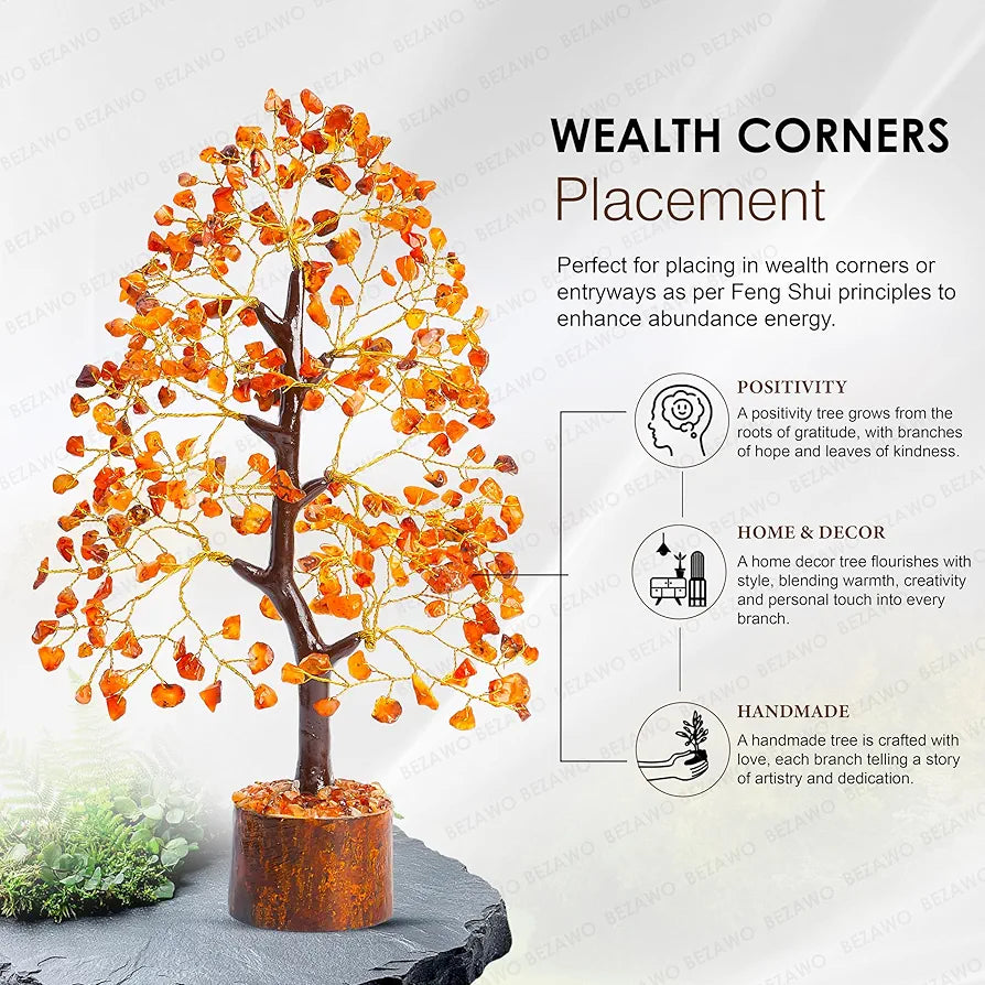 BEZAVO Carnelian Crystal Tree | Healing Crystal Tree for Positive Energy & Good Luck | Feng Shui Tree for Home & Office | Ideal Gift for Men & Women – Housewarming & Anniversaries 