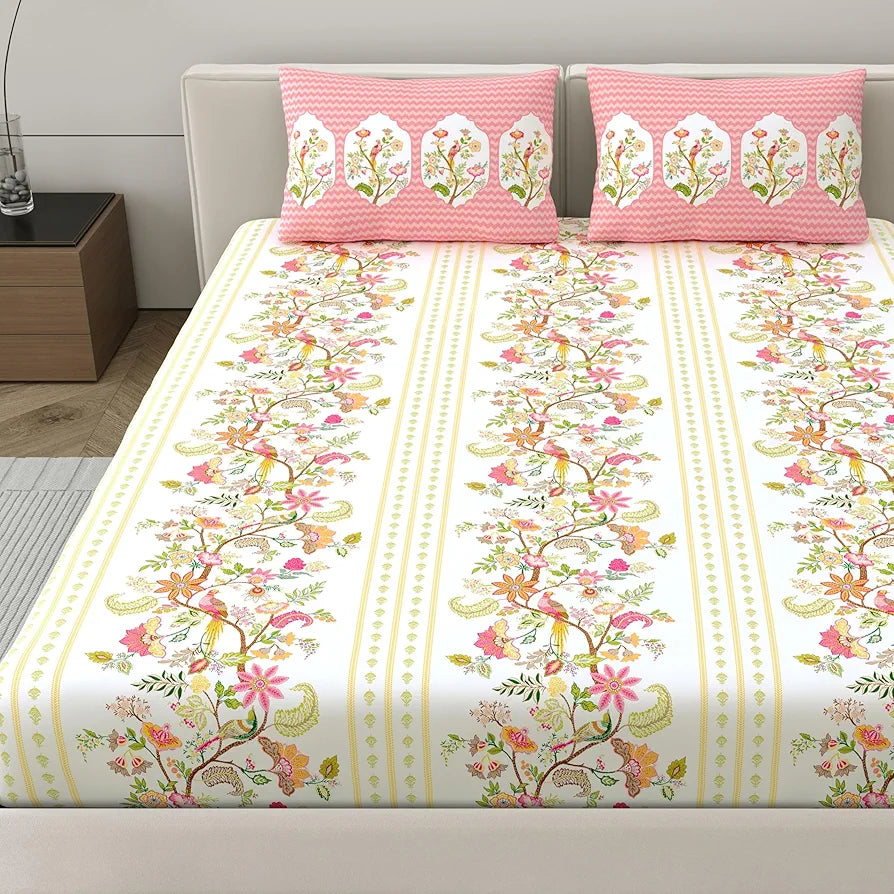 Dreamscape 100% Cotton King Fitted Floral Bedsheet With 2 Pillow Covers - 