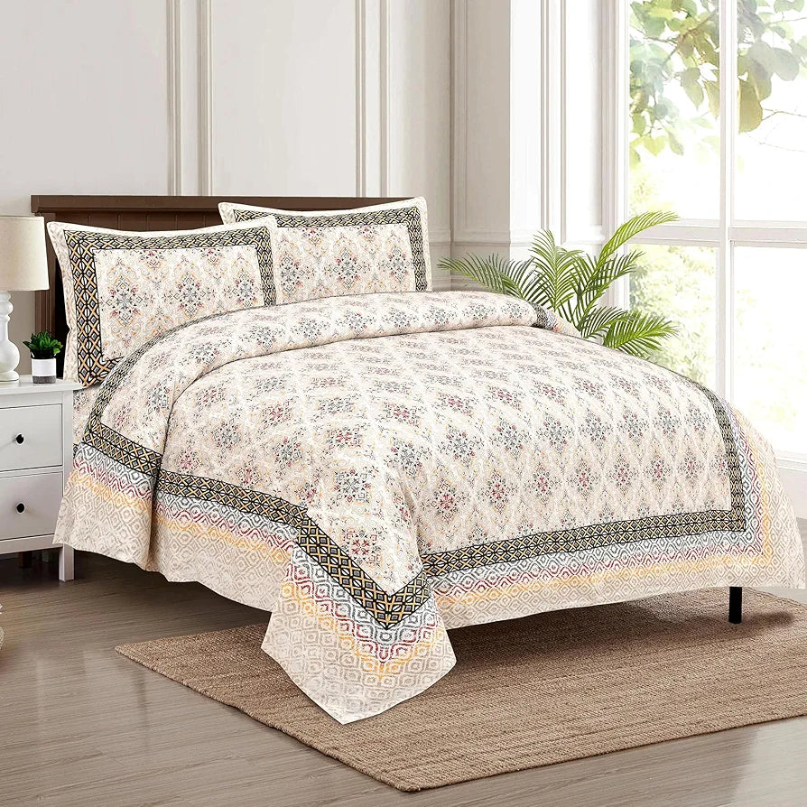 Kuber Industries Double Bedsheet with 2 Pillow Covers | 160 TC Premium Cotton Bedsheet for Double Bed | Bedsheet for Living Room-Home & Hotels | Dezier Carpet Print | 90x108 Inch | Cream