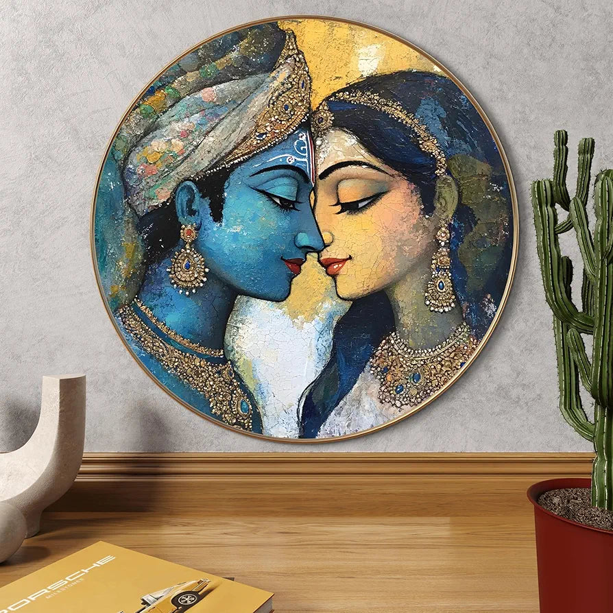 Livin'luxe paintings Krishna and Radha Abstract Wall Painting with Frame - Sparkle Glossy Round Golden Framed Large Painting for Office, Living Room, Bedroom, Home Wall Decoration