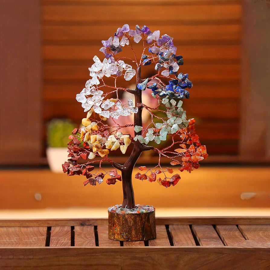 HindCraft Seven Chakra Crystal Tree Good Luck Showpiece for Home Decor Items Crystals Gemstones Bonsai Money Tree for Good Luck, Decoration Gift Item, Copper Wire, 10-12 inch
