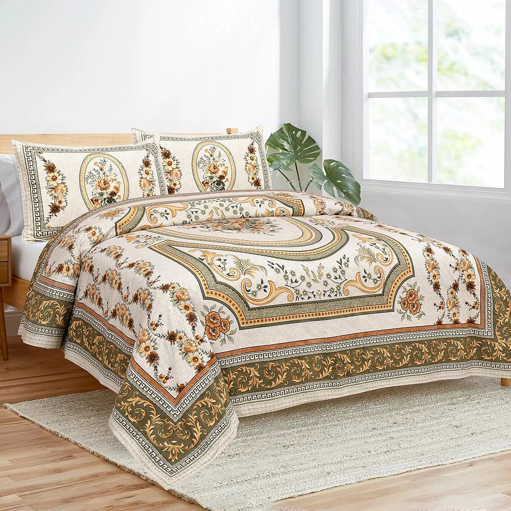 Kuber Industries Double Bedsheet with 2 Pillow Covers | 160 TC Premium Cotton Bedsheet for Double Bed | Bedsheet for Living Room-Home & Hotels | Kaleen Flower | 100x108 Inch | Yellow