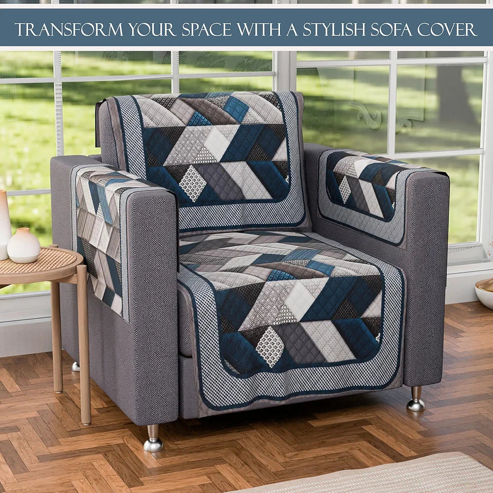 Kuber Industries Set of 16 Velvet Anti-Skid Sofa Cover 5-Seater with Arm Cover | Comfortable Slipcover Sofa Cloth & Furniture Protector for Home Decor | Triangular-Grey & Blue