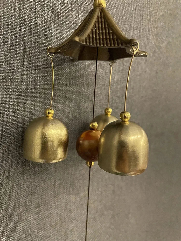 WS Wind Chime for Home Positive Vibes | 3 Brass Bells Hanging Wind Chime | Random Logo Will be Sent | Home Decor Items, Golden