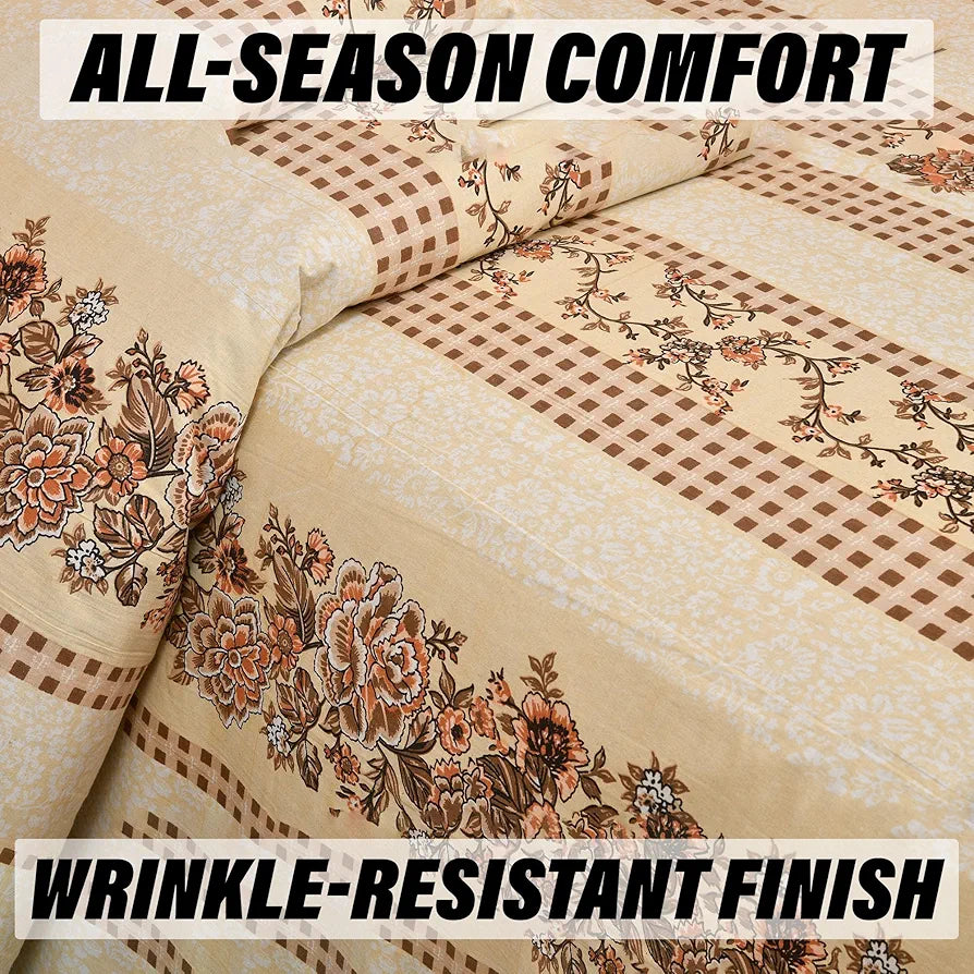 Kuber Industries Double Bedsheet with 2 Pillow Covers | 160 TC Premium Cotton Bedsheet for Double Bed | Bedsheet for Living Room-Home & Hotels | Spain Flower Lining | 100x108 Inch | Cream