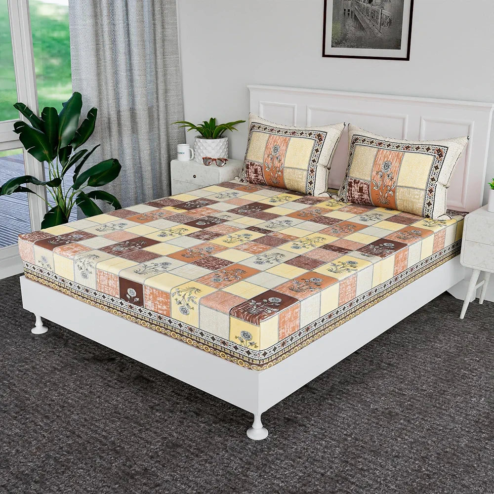 Kuber Industries 100x108 Inch Cotton Bedsheets for Double Bed with 2 Pillow Covers | Easy to Wash & Maintain Double Bedsheet Cotton Fabric - for Daily Use | Candy Flower -Brown & Yellow