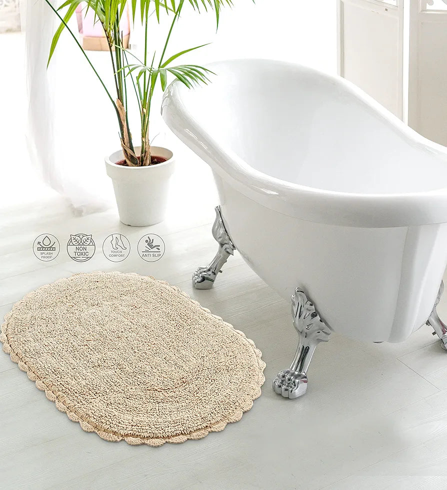 SASHAA WORLD Super Soft Reversible Bath Mat/Bathroom Rug from Crochet Collection | Oval-Shaped with Crochet Border | Ideal for Tub, Shower, Sink, or Vanity | 40 x 60 cm, Beige