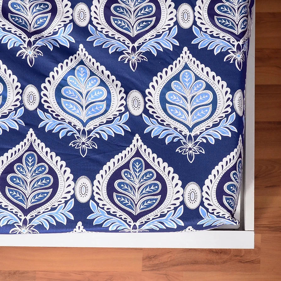 Divine Casa 144 TC Floral Blue 100% Elastic Fitted Printed King Size Double Bed Bedsheet with 2 Pillow Cover for Bedroom - 78 x 72 inches