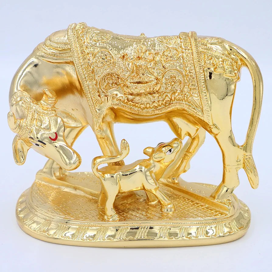 JAIPUR ACE Kamdhenu Cow with Calf Statue, Standard Size, Golden   
