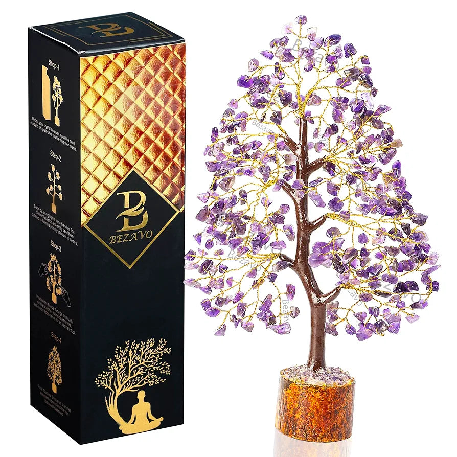 BEZAVO Amethyst Gemstone Crystal Bonsai Tree – Good Luck Money Tree for Home & Office Decor | Gift Item for Prosperity & Positive Energy – 10-12 Inch 