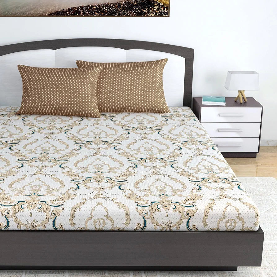 Divine Casa 144 TC King Size Bedsheet Set | 100% Pure Cotton | 222x270 cm | Soft & Durable | Fade-Resistant | All-Season Comfort | 2 Pillow Covers | Floral Print – Ivory Gold