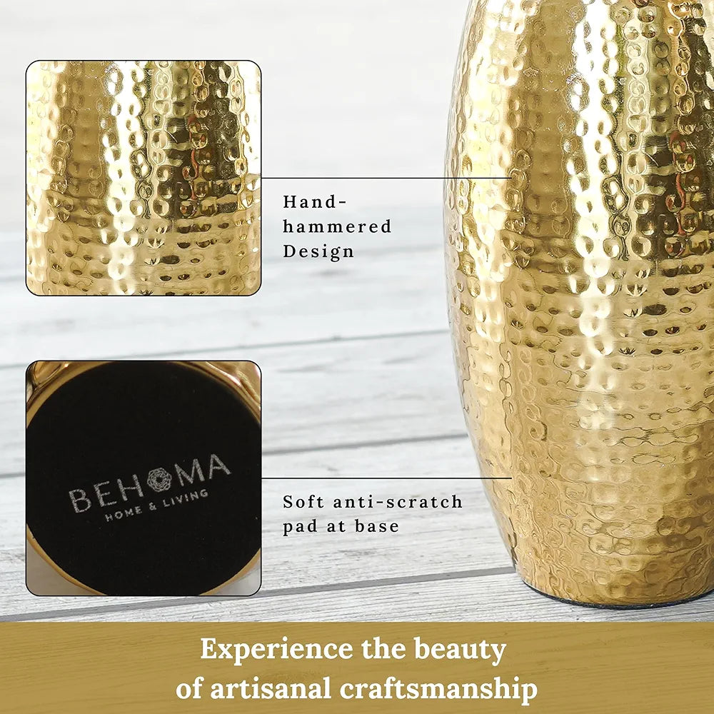 Behoma Metal Hammered Vase for Home Decor Decoratives for Indoor Living Room | Best Gift for Birthday Anniversary Valentine's Day |Golden Full Hammered Oblong Shape 1 Large Pcs 
