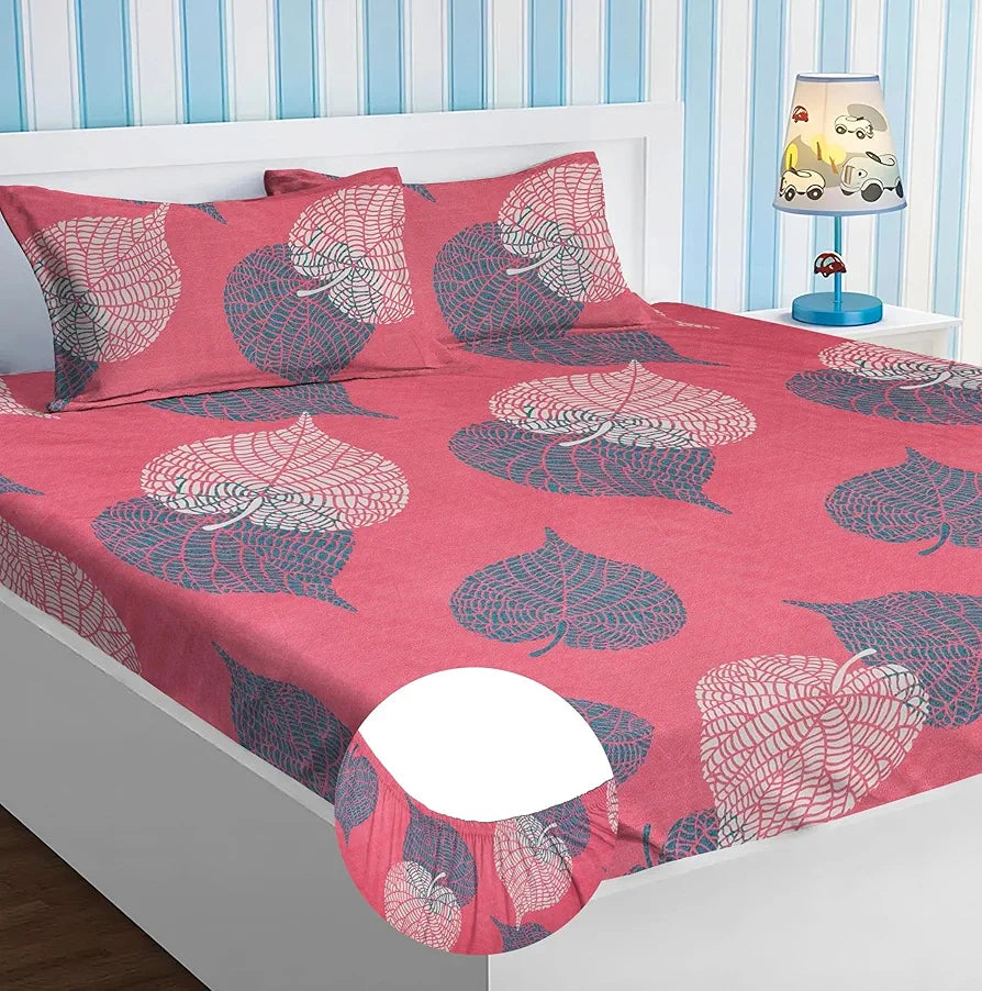 Premium Cotton Elastic Fitted Bedsheets with 2 King Size Pillow Covers Double Bed with All Around Elastic Supersoft Size - 72 x 78 +10 inches Floral Pattren Pink and Grey 200 tc - 220 tc