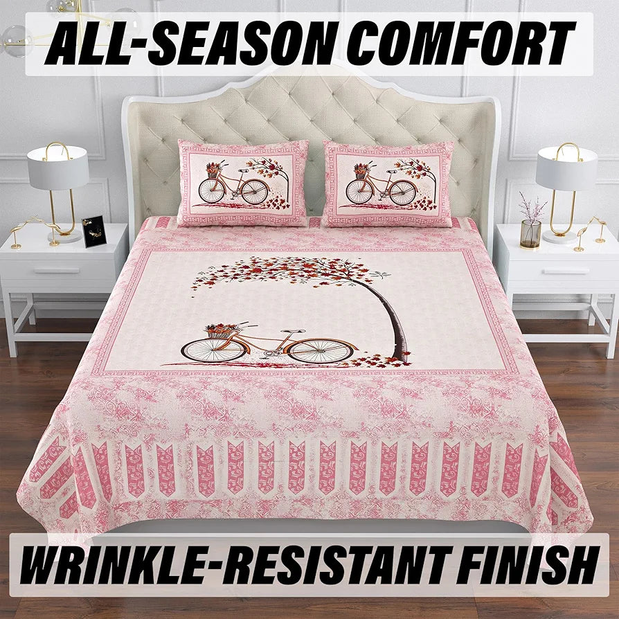 Kuber Industries Double Bedsheet with 2 Pillow Covers | 160 TC Premium Cotton Bedsheet for Double Bed | Bedsheet for Living Room-Home & Hotels | Photo Frame Cycle | 100x108 Inch | Pink